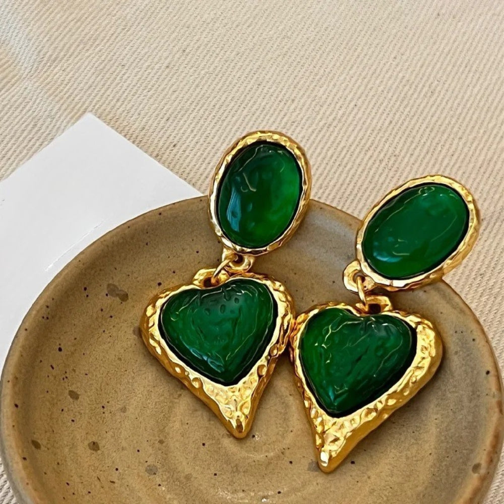 Timeless Gold Green Heart-Shaped Gemstones & Oval Earrings