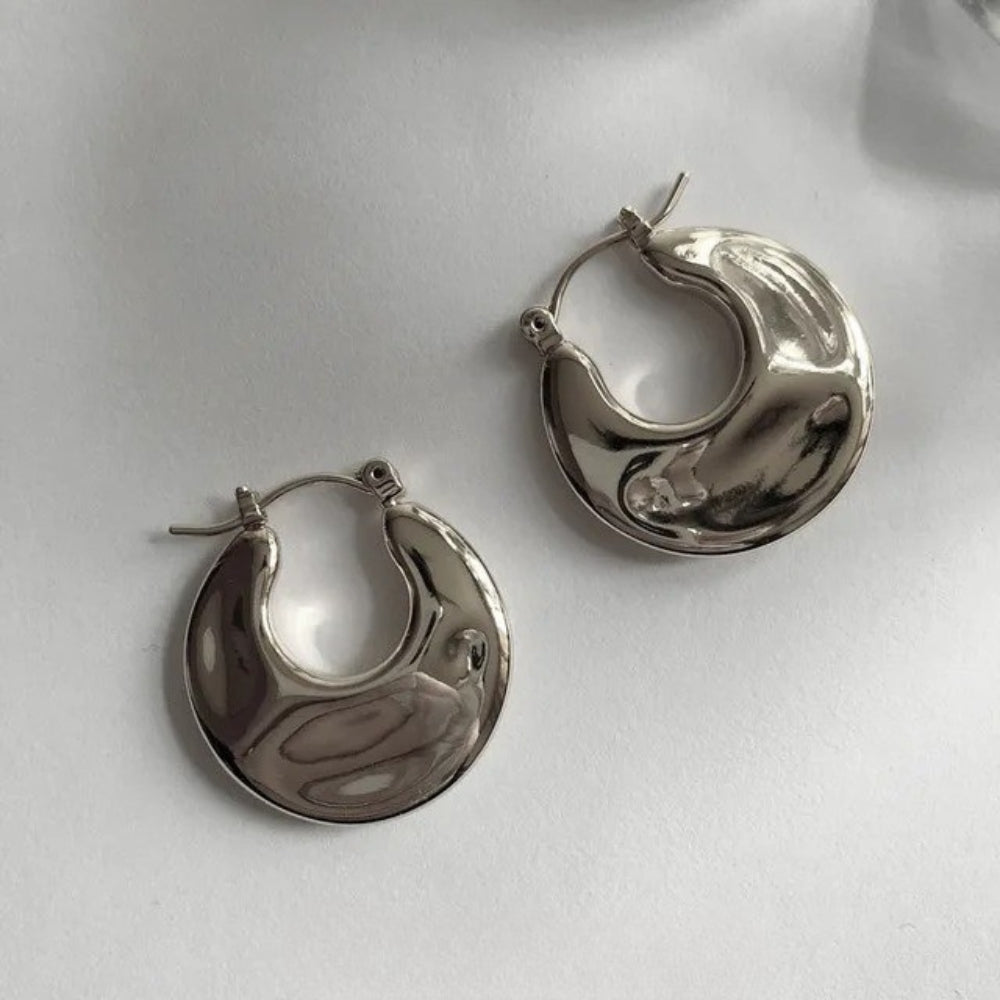 Silver Shiny Crescent Chunky Hoop Earrings