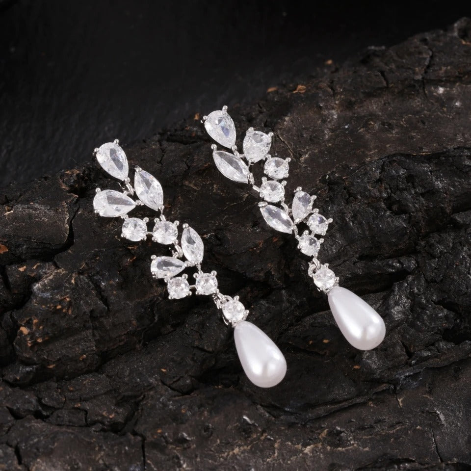 Classic Pearl Drop Leaf Dangle Earrings