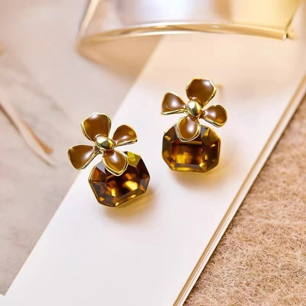Vintage Brown Flower Crystal Pendant Earrings