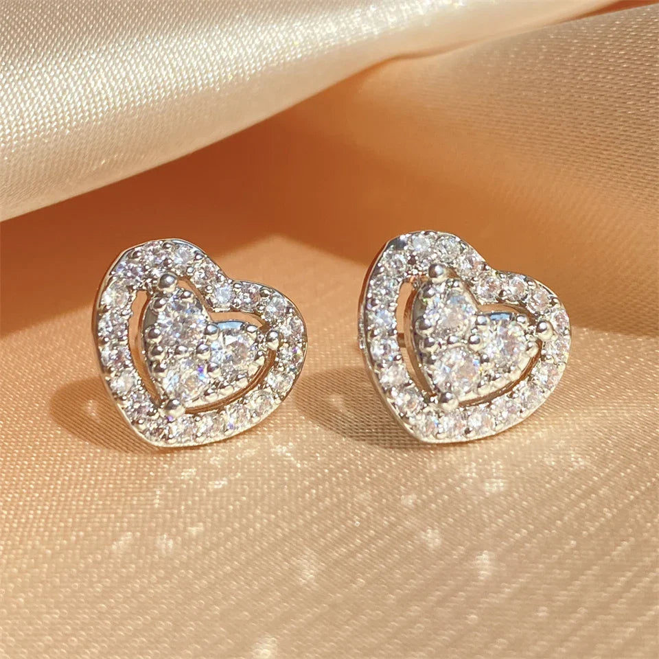 Silver Vintage Sparkling Heart Earrings