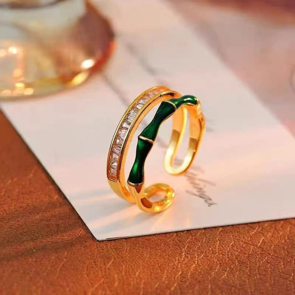 Double Layer Zircon Green Bamboo Shaped Adjustable Ring