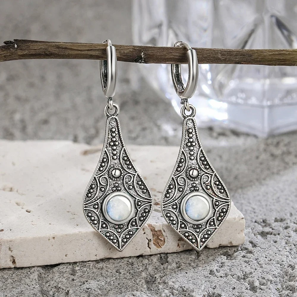 Vintage Silver Teardrop Moonstone Earrings