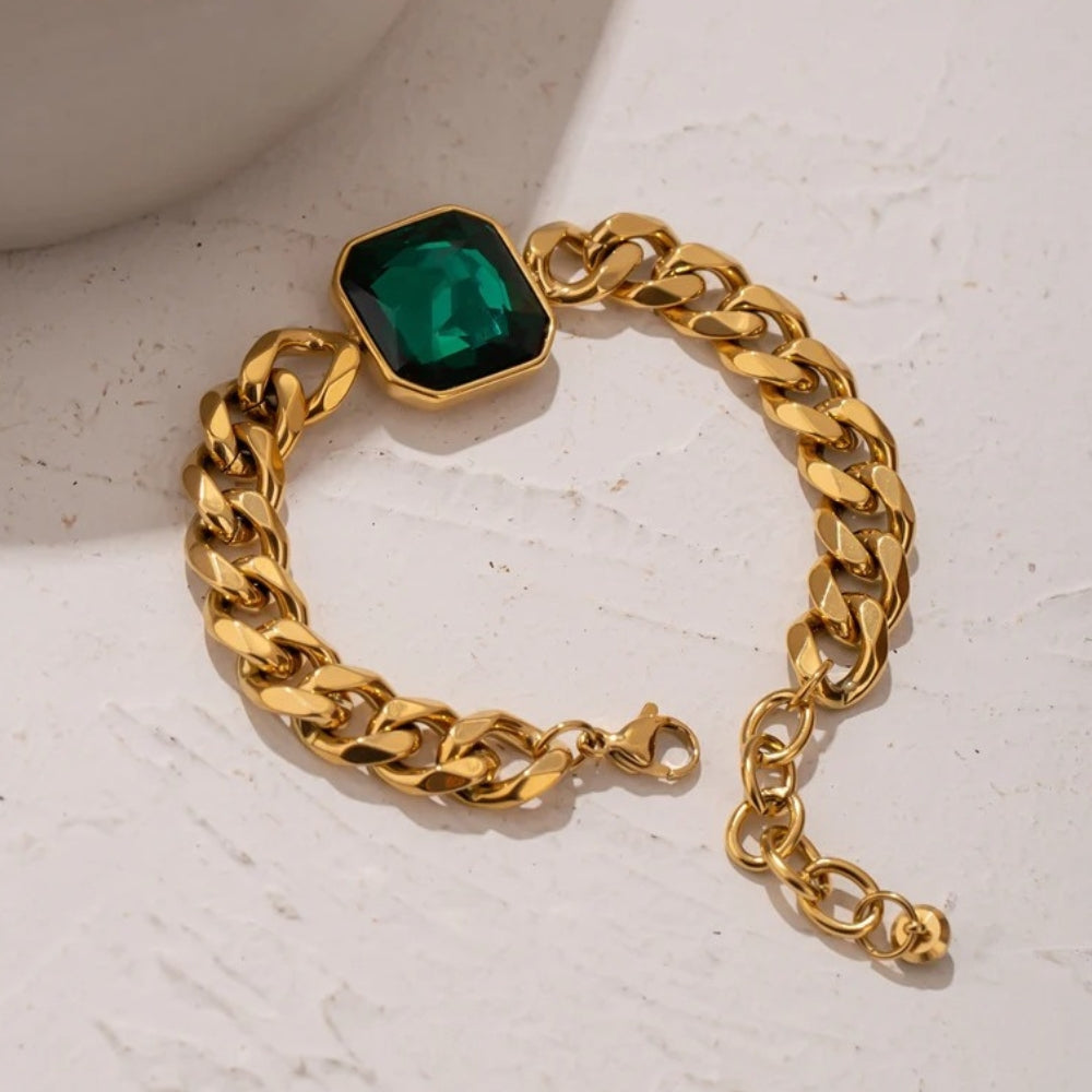 Vintage Gold Green Stone Chain Bracelet