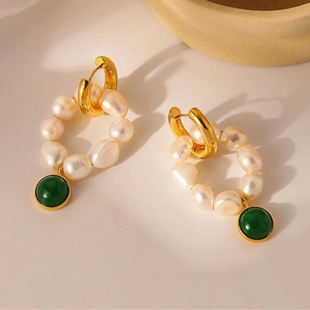 Gold Freshwater Pearl & Green Stone Hoop Earrings