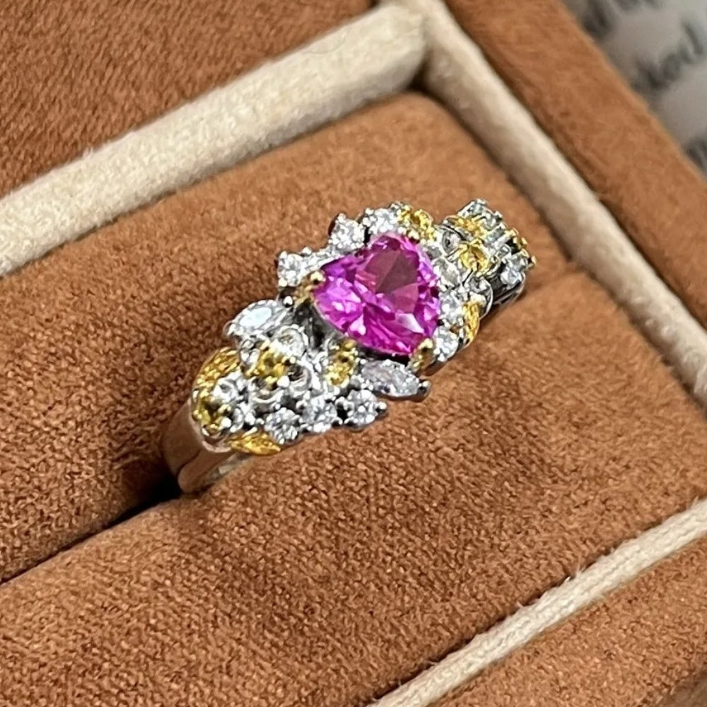 Vintage Floral Pink Heart-Shaped Gemstone Adjustable Ring