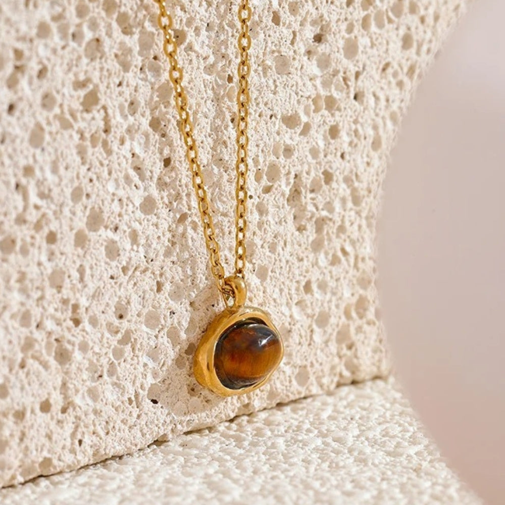 Gold Round Brown Gem Pendant Necklace