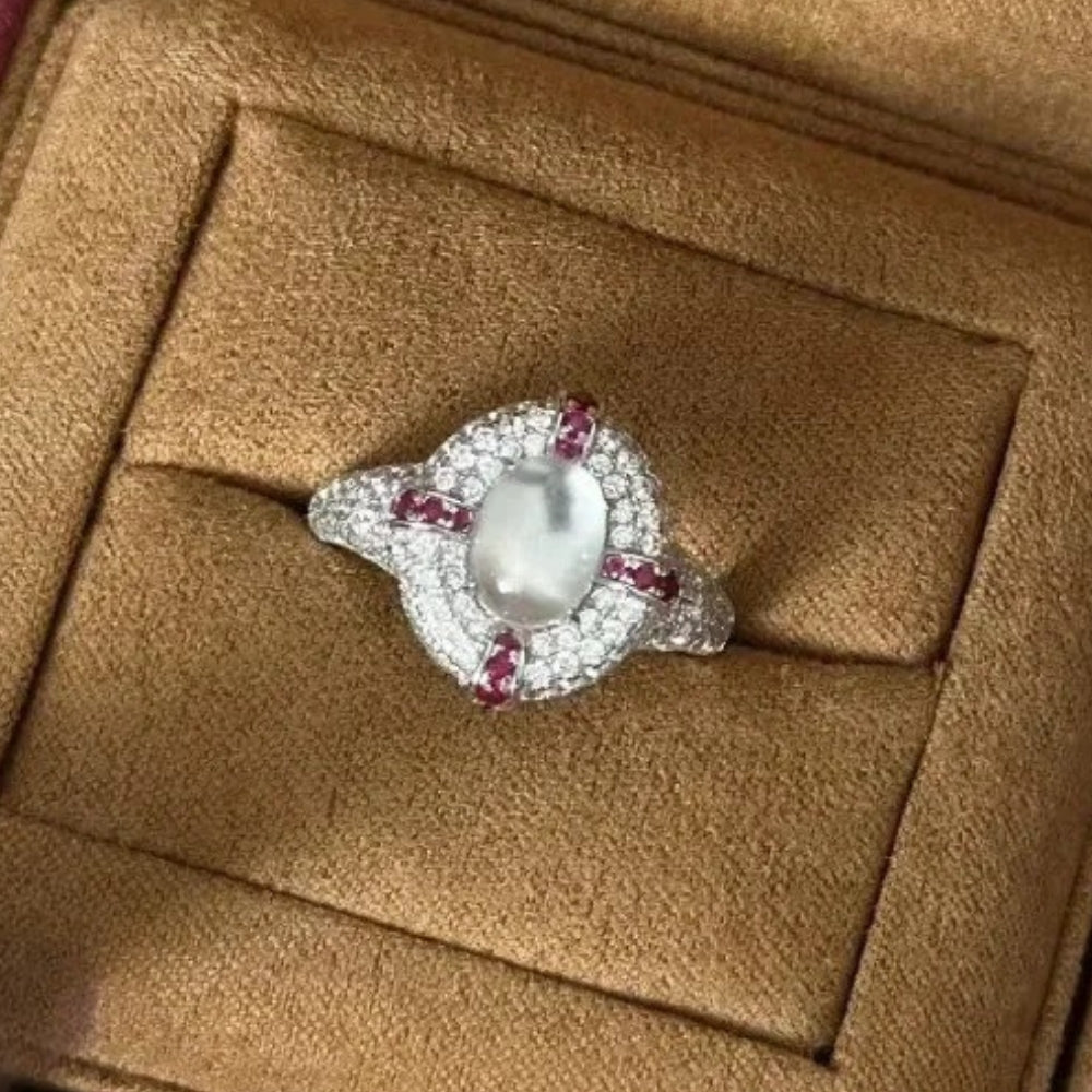 Retro Silver & Ruby Oval Cluster Ring