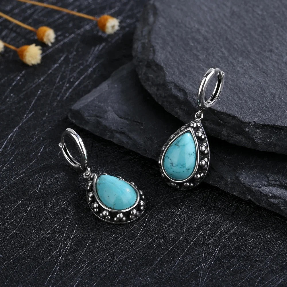 Vintage Silver Turquoise Teardrop Earrings