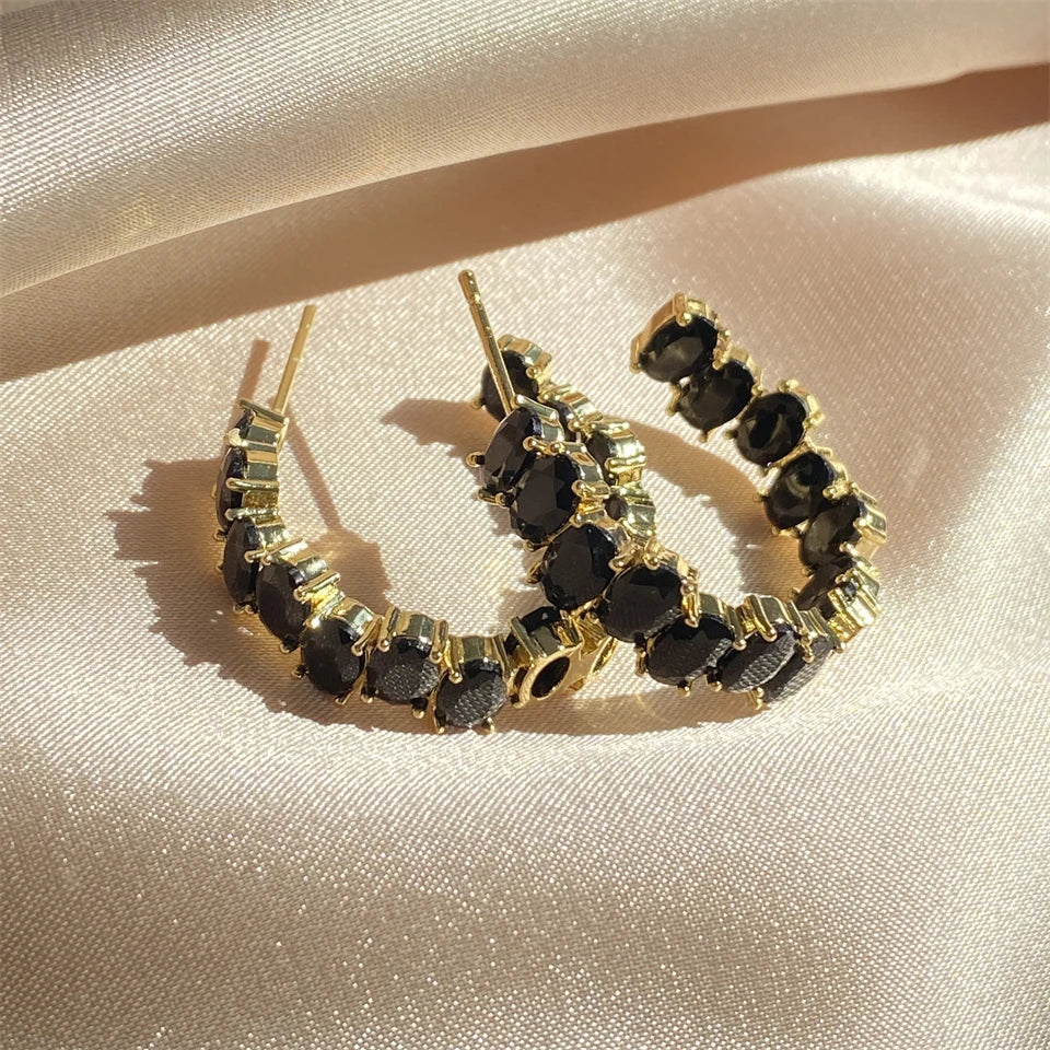 Vintage Gold Black Crystal Hoop Earrings