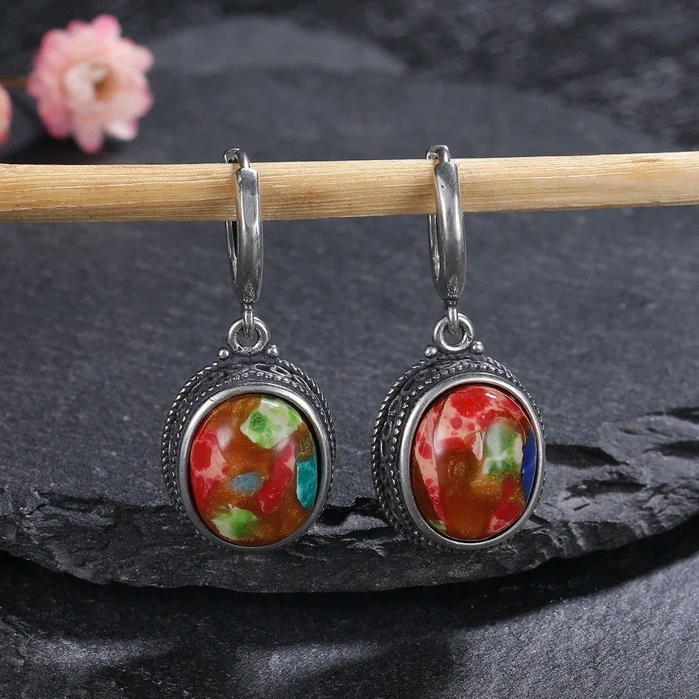 Silver Multicolor Oval Earrings