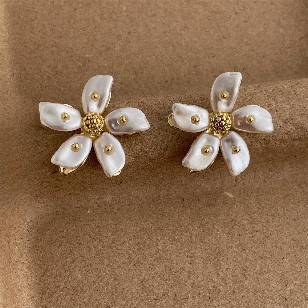 Gold Floral Delicate Pearl Petals Earrings