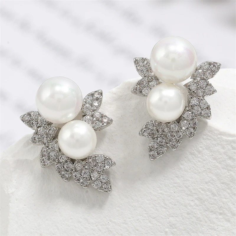 Silver Double Pearl & Crystal Leaf Earrings
