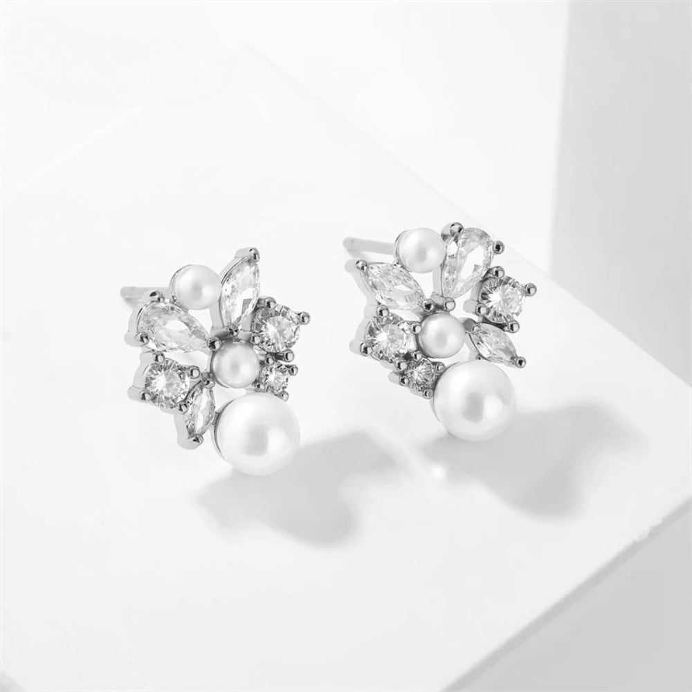 Silver Floral Pearl Stud Earrings