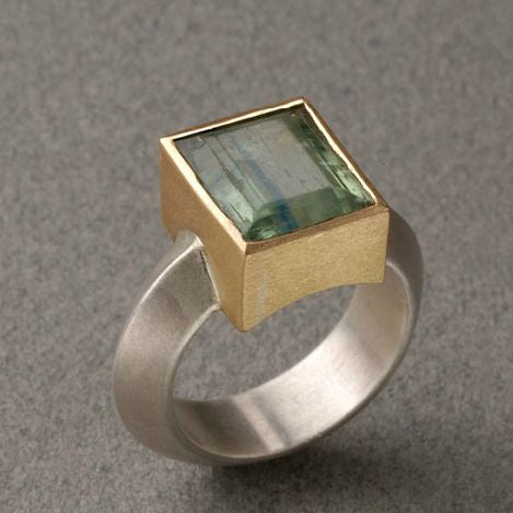 Vintage Green Square Gold & Silver Ring