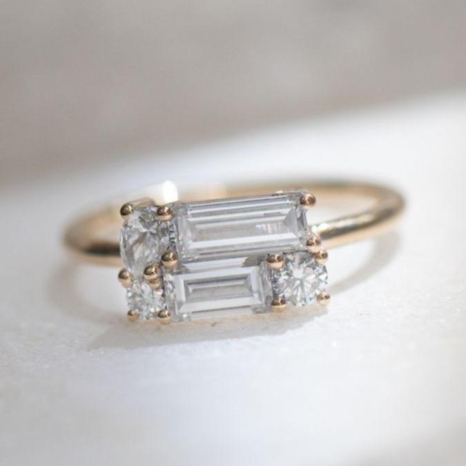 Vintage White Double Glass Gold Ring