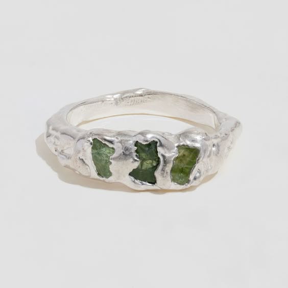 Vintage Green Silver Forged Ring