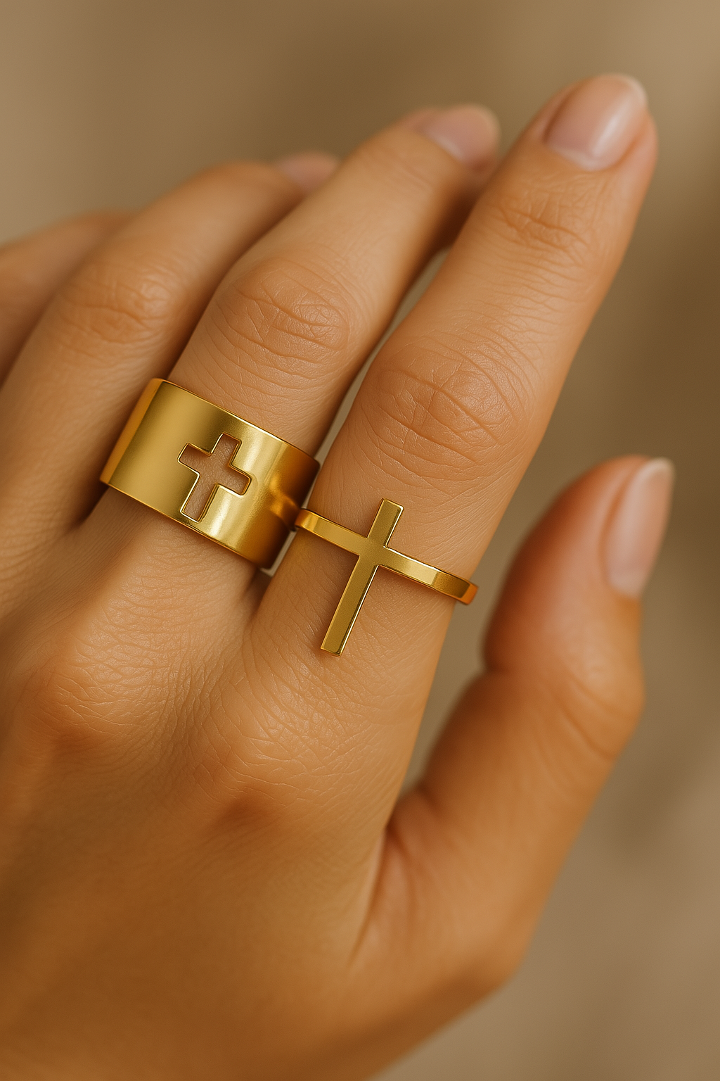 Matching Cross Gold Adjustable Ring Set