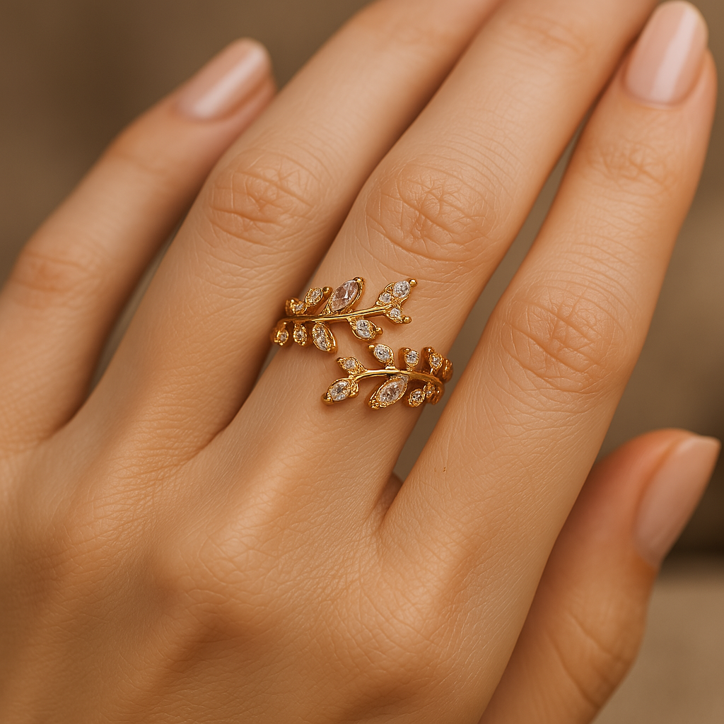 Gold Sparkling Leaf Branch Adjustable Ring