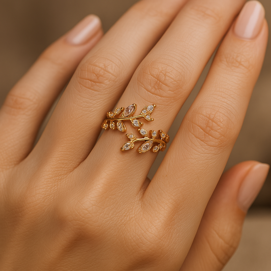 Gold Sparkling Leaf Branch Adjustable Ring