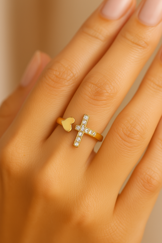 Gold Religious Cross Heart Resizable Ring