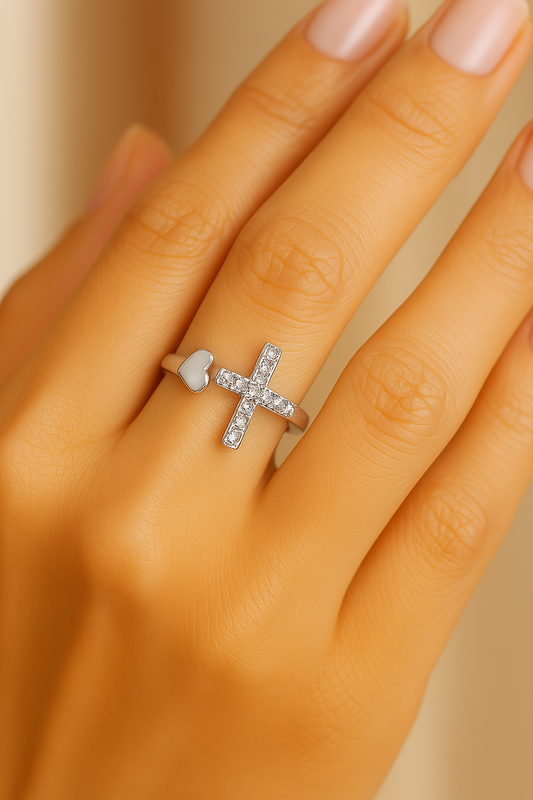 Vintage Love Cross Silver Resizable Ring
