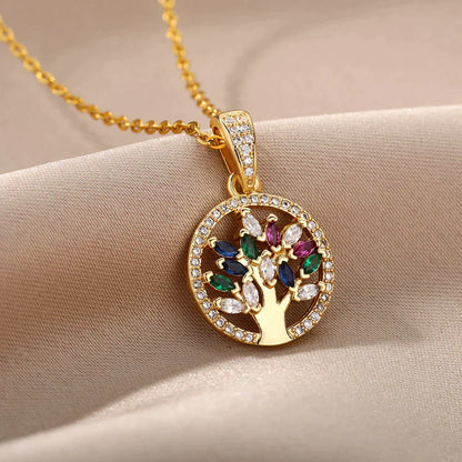 Tree of Life Pendant with Rainbow Stones in Gold