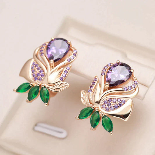 Elegant Purple Flower Earrings in Gold