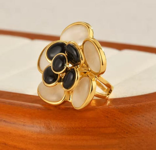 Classic Black Camellia Open Ring