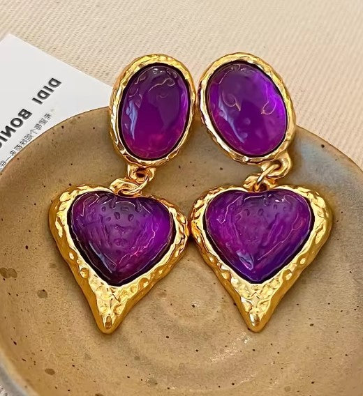 Vintage Purple Heart Drop Earrings
