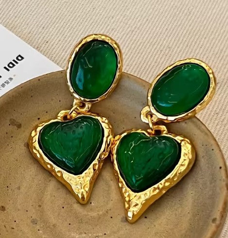 Vintage Green Heart Drop Earrings