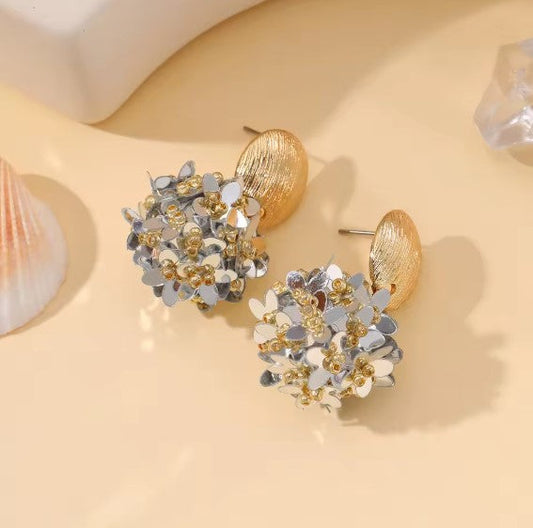 Silver Elegant Flower Petal Beads Drop Earrings