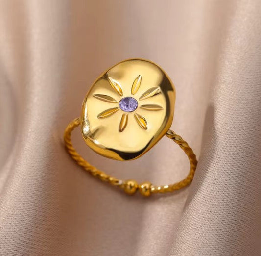 Daisy Purple Zircon Adjustable Gold Ring