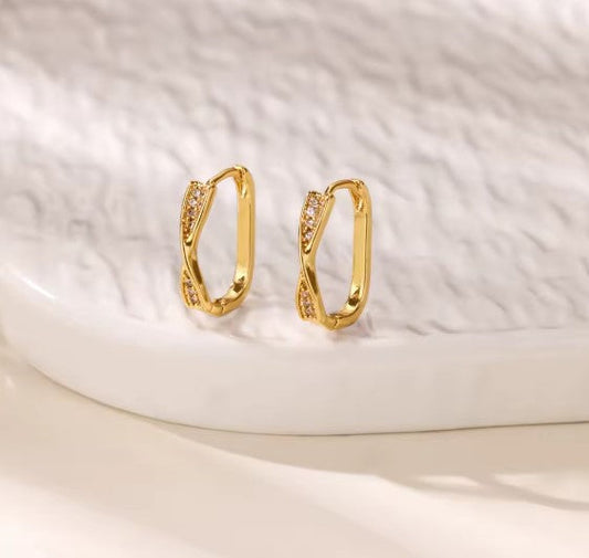 Vintage Zircon Twist Cross Hoops Gold Earrings