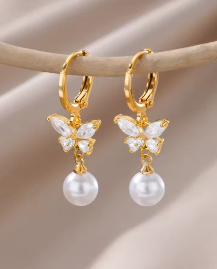 Crystal Butterfly Pearl Dangle Earrings