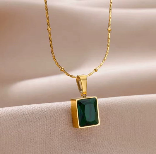 Vintage Green Cubic Zirconic Square Necklace
