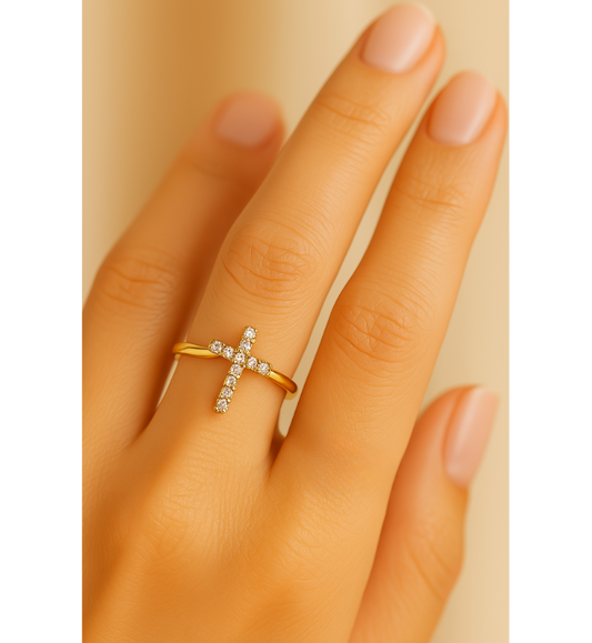 Gold Crystal Cross Resizable Ring