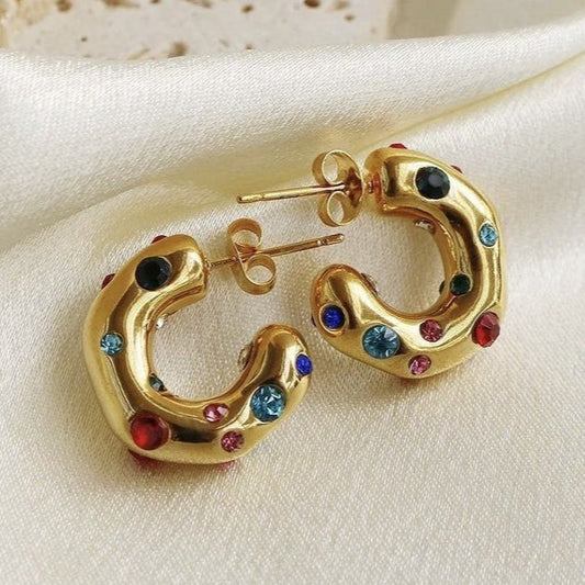 Vintage Gold Colorful Inlaid Crystals Earrings