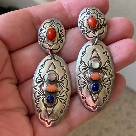 Vintage Colorful Stone Silver Earrings