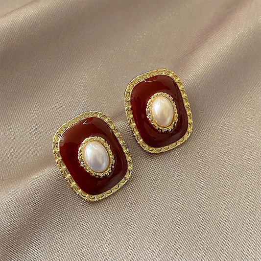Elegant Red & Gold Inlaid Pearl Earrings