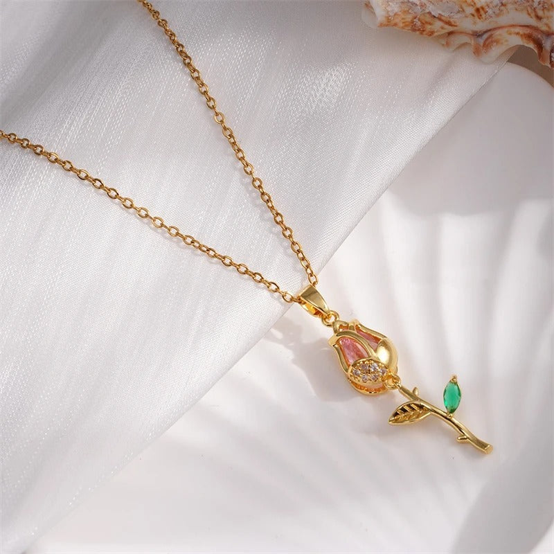 Vintage Gold Pink Tulip Pendant Necklace