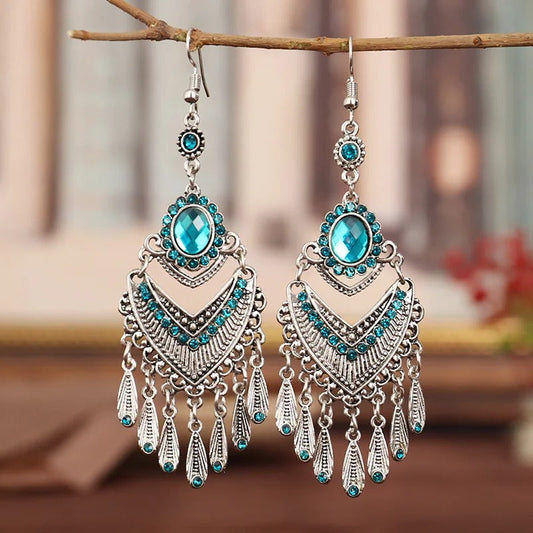 Vintage Silver & Aqua Blue Crystal Drop Earrings