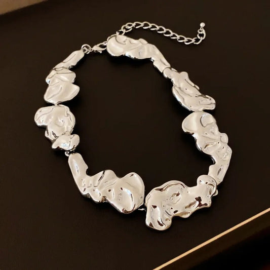 Retro Silver Glossy Abstract Statement Necklace