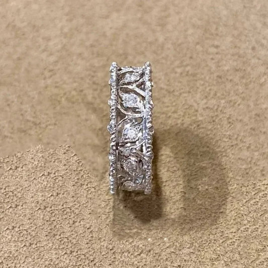 Vintage Silver & Diamond Carved Leaf Adjustable Ring