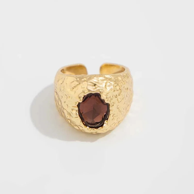 Gold Hammered Deep Brown Adjustable Ring