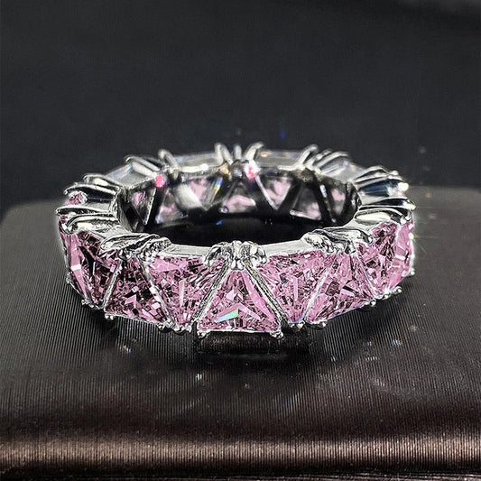 Vintage Silver & Sparkling Pink Triangular Band Ring