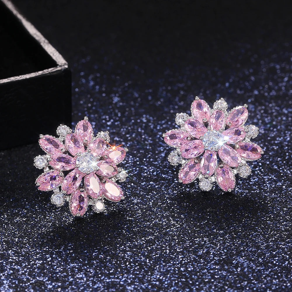 Flower Shape Pink & White Crystal Earrings