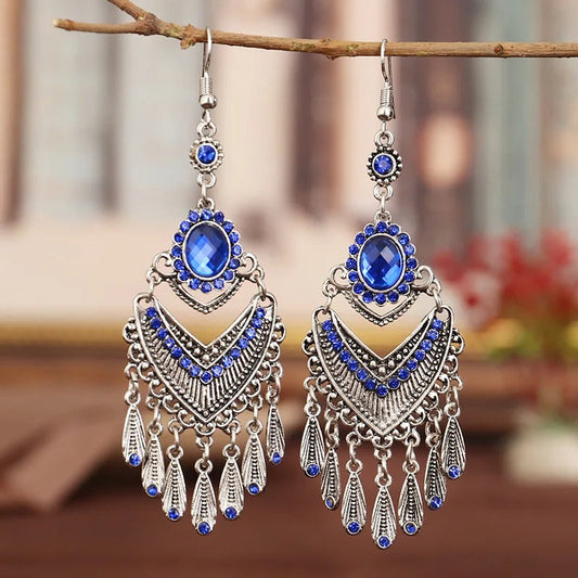 Vintage Silver & Blue Crystal Tassel Earrings