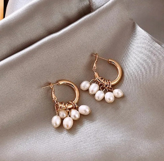 Vintage Gold & Pearl Drop Hoop Earrings
