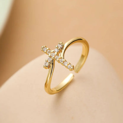 Gold Crystal Cross Resizable Ring